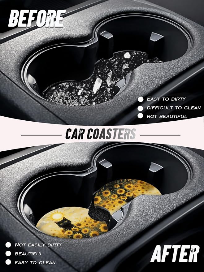 Car Cup Coasters,2 Pack Car Coaster,2.75inch Anti Slip and Absorbent Cars Coasters for Cup Holders,Neopren Accessories for Women,Cute Decor for Women (Sunflower Cat)