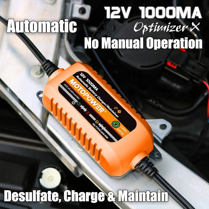 MOTOPOWER 12V 1000mA Automatic Charger - Battery Maintenance - Maintain Charger and Battery Desulfator with Timer Protection.