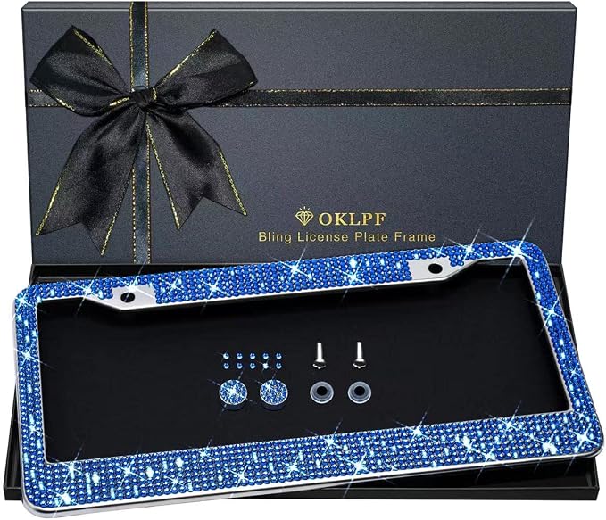 Bling License Plate Frame for Women, Sparkly Stainless Steel License Plate Frames| Over 1200 pcs 14 Facets Bedazzled Clear Glass Diamond Rhinestone Crystals w/Free Glitter Diamond (Dark Blue)
