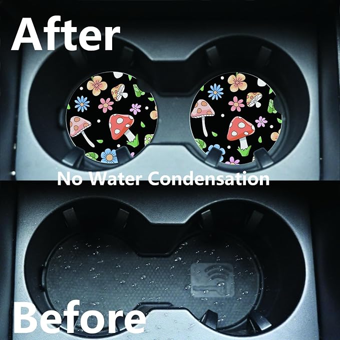2pcs Cute Pink Mushrooms Car Coasters,Absorbent Universal neoprener Cup Holder Coasters with a Finger Notch,Car Accessories for Women&Man Interior，2.75" 1