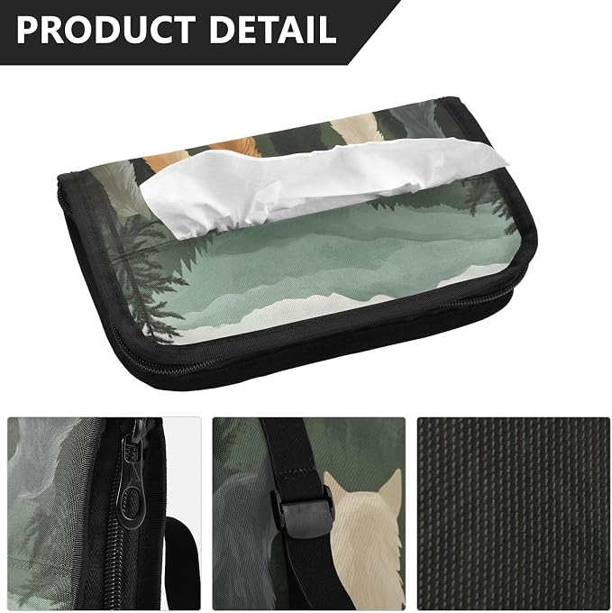 Car Visor Tissue Holder Mask Holder for Car, Car Tissue Box Sun Visor Napkin Holder Car Visor Accessories Adjustable Straps Reusable Durable Easy to Install Cute Wolves Back and Green Mountai