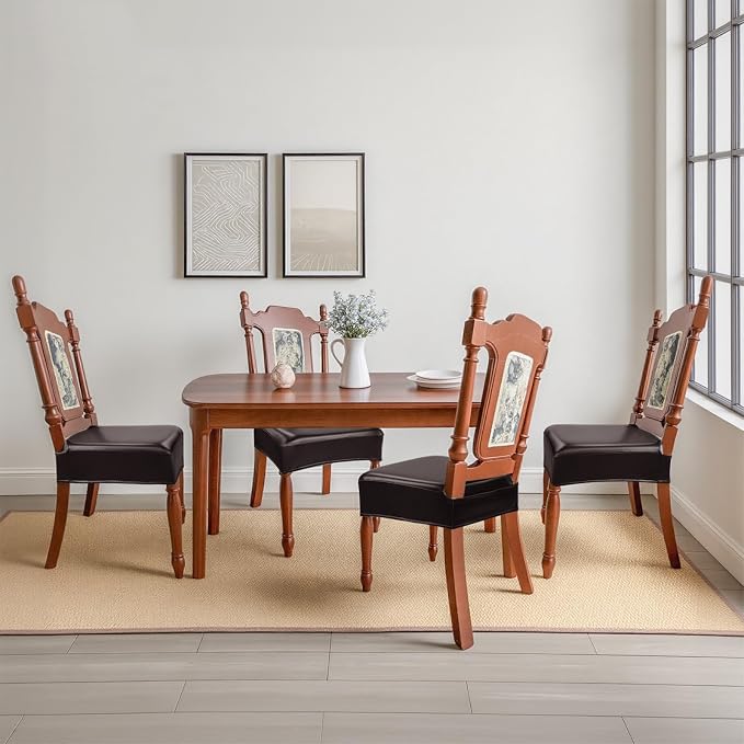 Waterproof Dining Chair Seat Covers Leather Kitchen Seat Covers, Stain Resistant Stretch Chair Seat Covers for Dining Room Chairs Set of 4, Rear Covered Washable Dining Chair Cover Dark Coffee