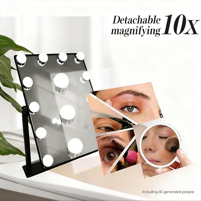 Makeup Vanity Mirror with LED Lights Makeup Mirror Detachable 10X Magnification, Hollywood Make Up Mirror with Lighting, Smart Touch, Rechargeable,360° Rotation, Black 17.12"x13.77"