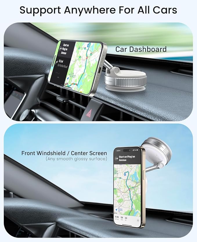 Jononser Magnetic Car Phone Holder for MagSafe, Nano-Gel Suction Cup Phone Mount for Dashboard & Windshield, Pocket-Size Foldable 360° Adjustable Car Mount for iPhone 17 16 15 14 13 12 Series, White