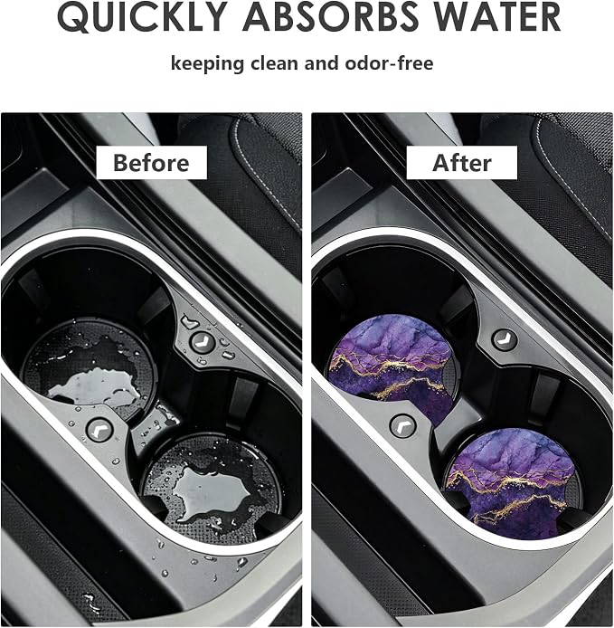 2 Pack Car Coasters，2.75-inch Neoprene Non-Slip Cup Holder Coasters for Car，Cute Car Interior Accessories for Men and Women，Purple Marble