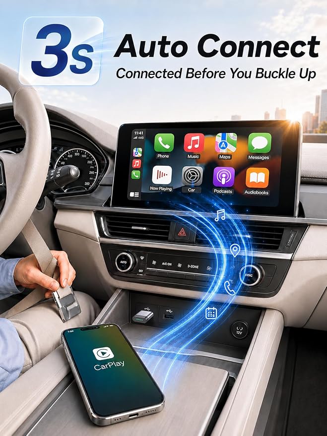 Wireless CarPlay Adapter for Apple Daily Commute, Wired to Wireless | Ultra Mini, Cooling Design, Fast Stable Connection, Easy to Set Up, USB C/A, Bluetooth 3s Reconnect, Maps Music Calls