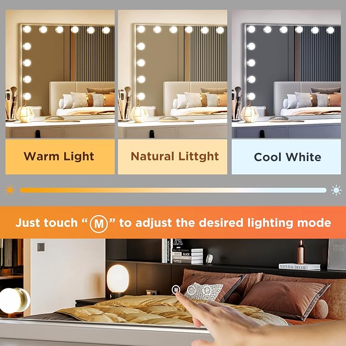 M MIVONDA Large Vanity Mirror with 17 Bulbs Lights, Hollywood Lighted Makeup Mirror for Desk and Wall, Dimmable 3 Lighting Modes, Plug-in & USB Charger Port