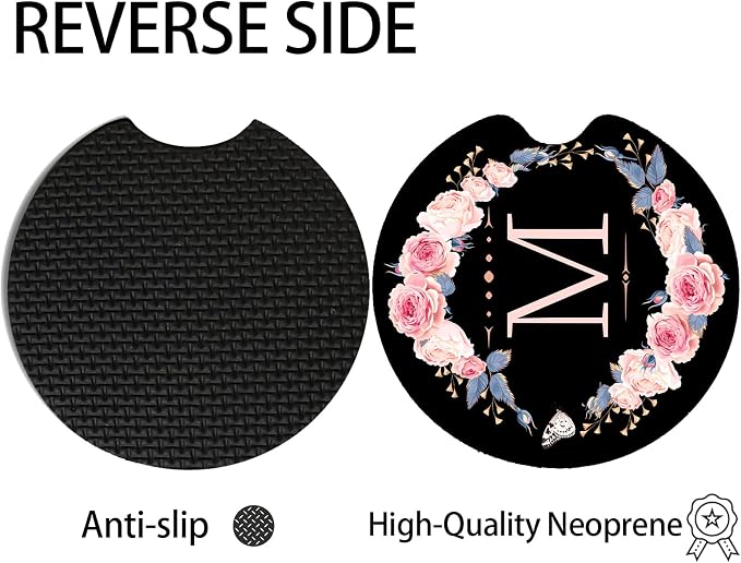 2pcs Letter M Car Coasters,Absorbent Universal neoprener Cup Holder Coasters with a Finger Notch,Car Accessories for Women&Man Interior，2.75"