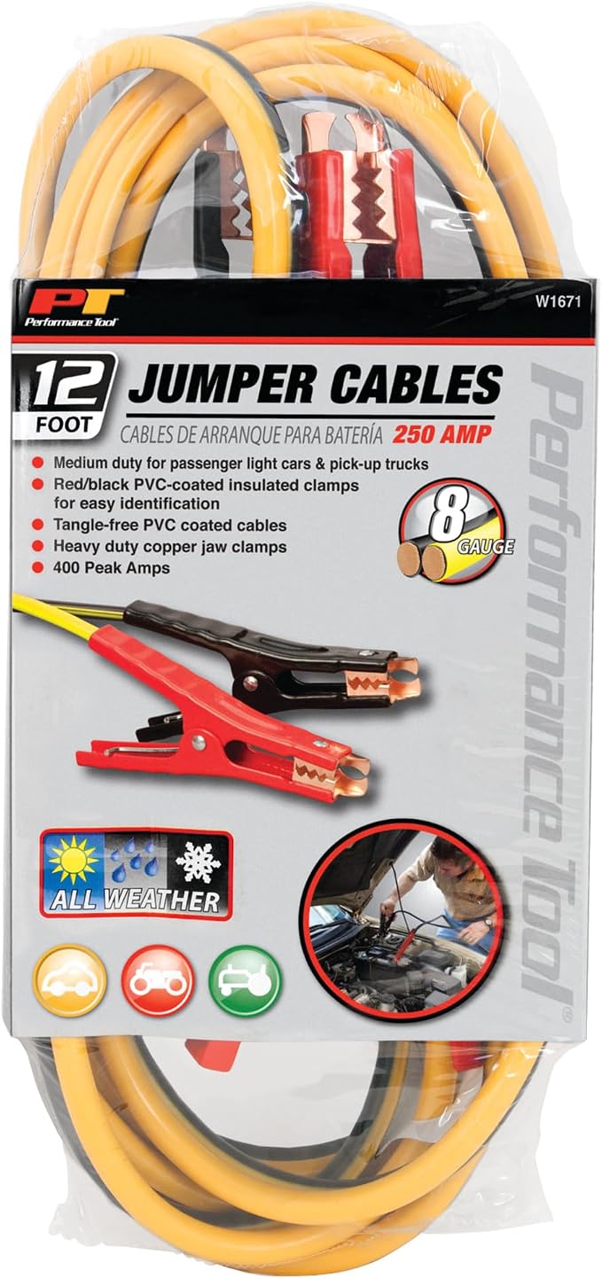 Performance Tool W1671 8GA x 12' (300 AMP) Jumper Cables - Heavy Duty Booster Cables with Copper-Clad Aluminum Wire for Cars, Trucks, and SUVs
