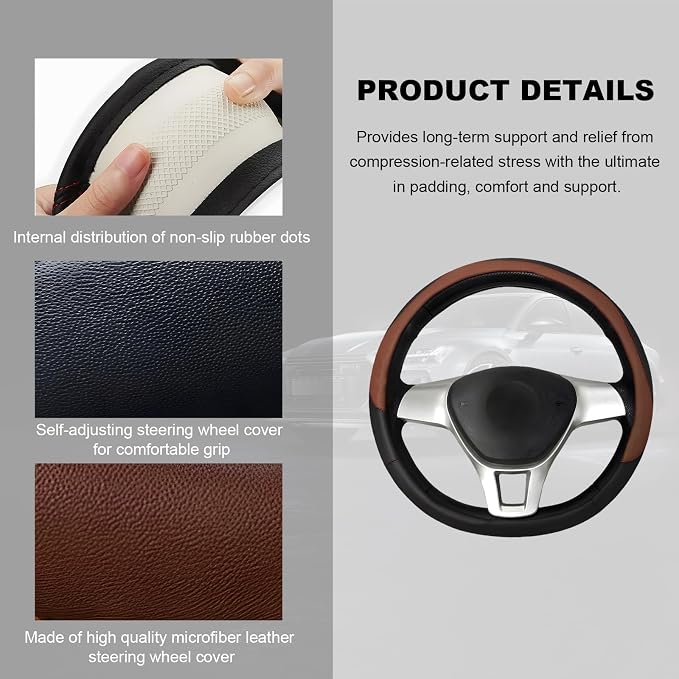 Leather Steering Wheel Cover, Anti-Slip Full Surround Car Wheel Protector with Comfortable Grip, Universal Elastic Decorative Cover Fit for 14 1/2-15 Inch Steering Wheels (Coffee)