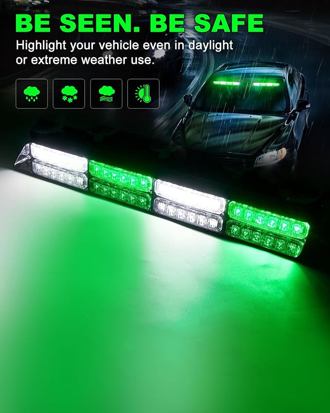HLauto 6Z4J Emergency Dash Strobe Lights: 2x16.8 inch Green White Safety Lights, 48 LED Flashing Warning Hazard Interior Windshield Visor Traffic Light Bar for Trucks, Construction Vehicles
