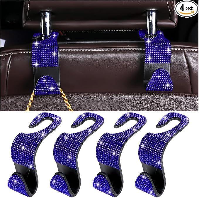 Zpana 4PCS Bling Car Seat Headrest Hooks, Vehicle Back Seat Purse Handbag Hanging Holder with Crystal Rhinestone, Diamond Storage Organizer Hook, Universal Automotive Accessories (Blue)