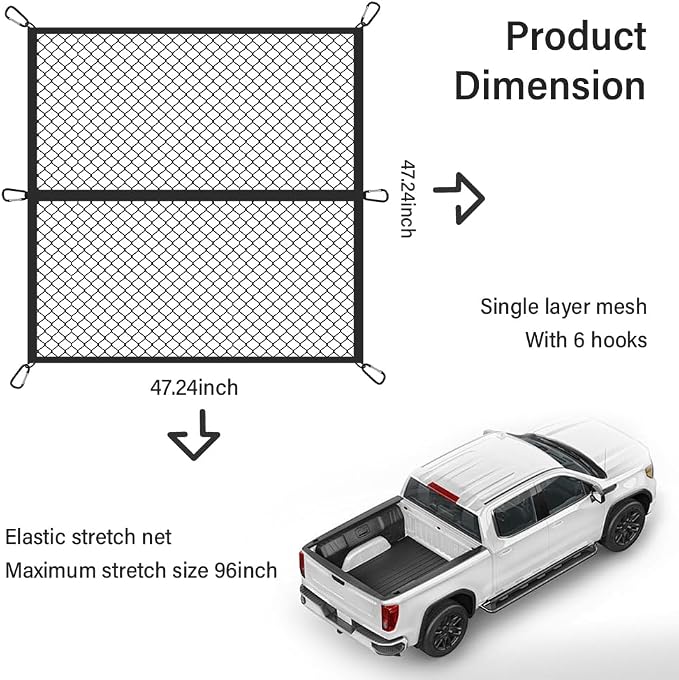 Foldable Cargo Net for Pickup Truck Bed,4' x 4' Ultra Strong Stretch to 8'x8' Truck Bed Organizer Includes 6 Pcs Carabiner Clips,Dual Use Cargo Net for Trucks SUV Car Trunks Organizer