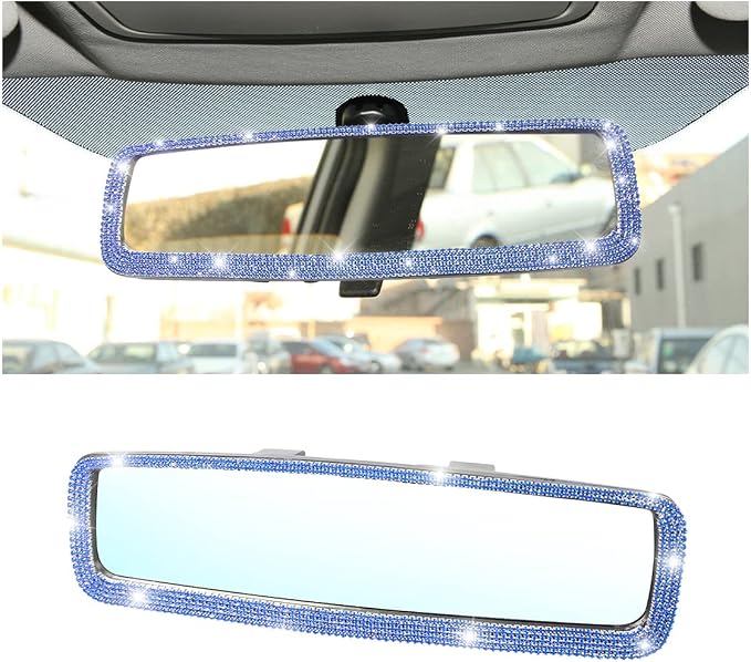 Bling Car Rear View Mirror, Rhinestones Crystal Clip-on Rearview Mirror with HD Glass, Compatible with Most Cars, SUVs, Vehicles, Auto Interior Accessories for Women Girl (Blue)