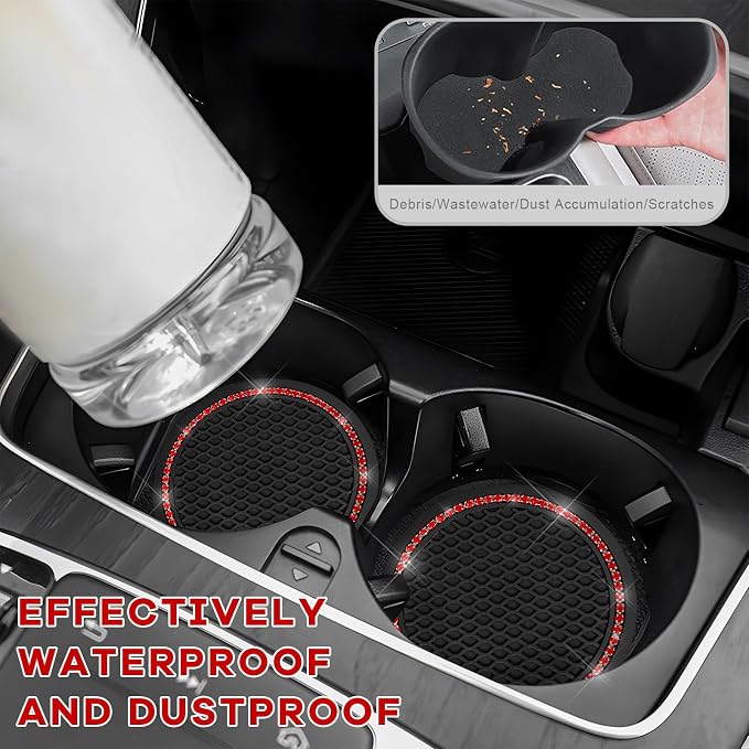 2PCS Bling Car Cup Coaster, 2.69 Inch Anti-Slip Auto Cup Holder Drink Mat w/Crystal Rhinestones, Universal Shiny Diamond Vehicle Insert Coasters Cups Mats for Women (Black & Red)