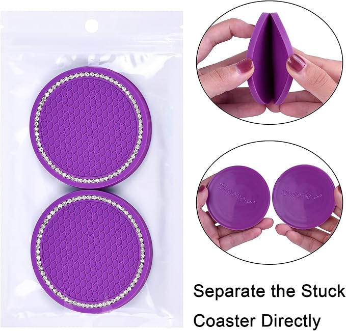Bling Car Coasters, Wisdompro 4 Pack PVC Car Cup Holder Insert Coaster - Anti Slip Universal Vehicle Interior Accessories Crystal Glitter Cup Mats for Women and Men (2.75" Diameter, Purple)