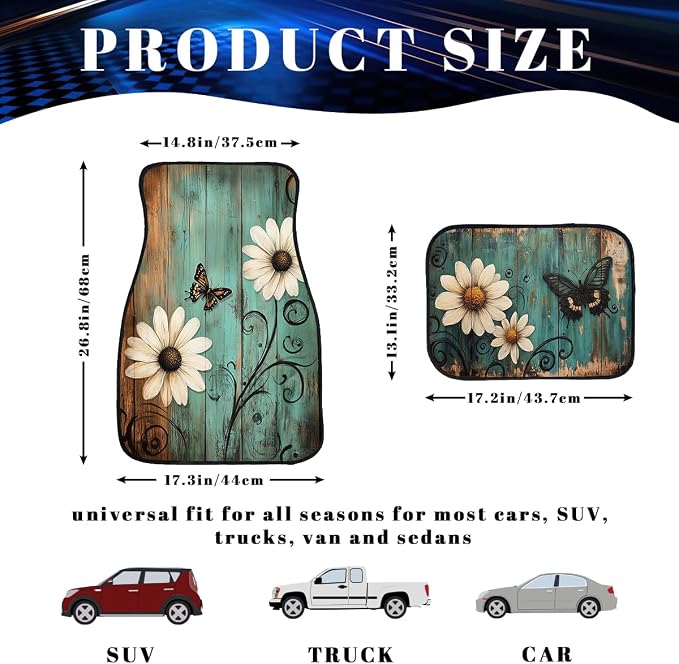 Nature Car Floor Mats Set of 4 Rustic Daisy Butterfly Wooden Automotive Foot Mats Rugs Carpet for Car Non-Slip Auto Car Accessories Universal Fit for Car SUV Truck Van