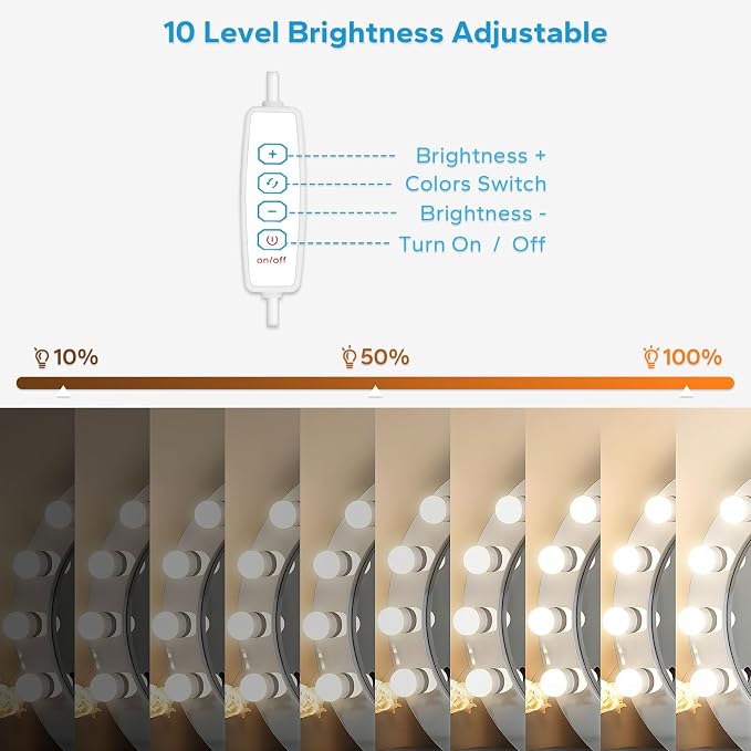 LED Vanity Lights For Mirror with 14 Dimmable Bulbs, Vanity Lights Stick on, 3000K 4000K 6500K & 10 Level Brightness Adjustable, USB Cable, Hollywood Mirror Lights for Makeup Dressing Room Bathroom