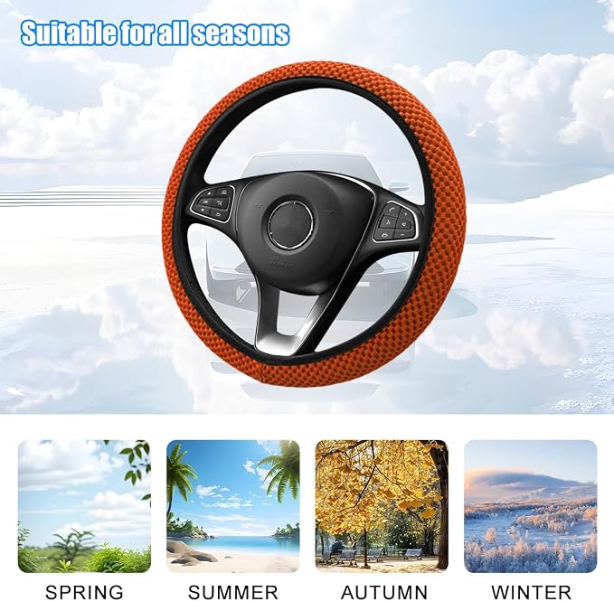 Car Elastic Stretch Steering Wheel Cover, 14.5-15" Breathable Ice Silk Anti-Slip Vehicle Steering Wheel Protector, Comfy Auto Interior Protection Accessories, Universal Fit (Orange)