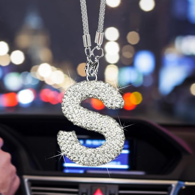 Bling Car Letter Charm, Rear View Mirror Ornament Cute Hanging Crystal Pendant Bling Car Accessories, Lucky Diamond Rhinestone Women Charm Auto Decoration (White S)