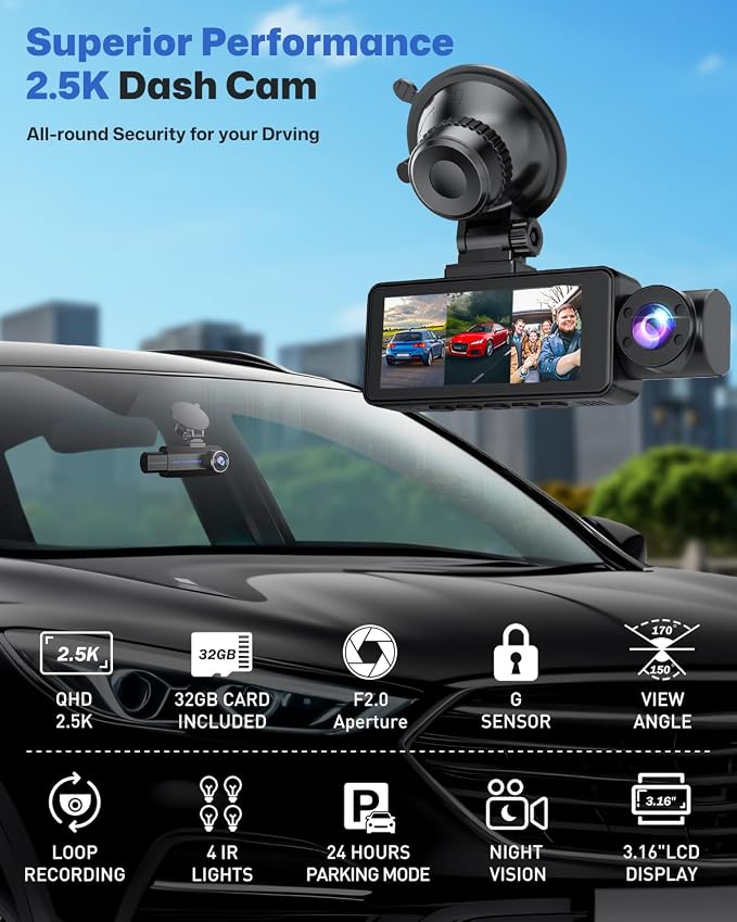 BAEASU Dash Cam Front and Rear 2.5K/1440P, 3 Channel Dash Camera for Cars Dash Cam Front Rear and Inside with 32GB Card, 3.16" IPS Screen, G-Sensor, Loop Recording, Night Vision, Parking Mode