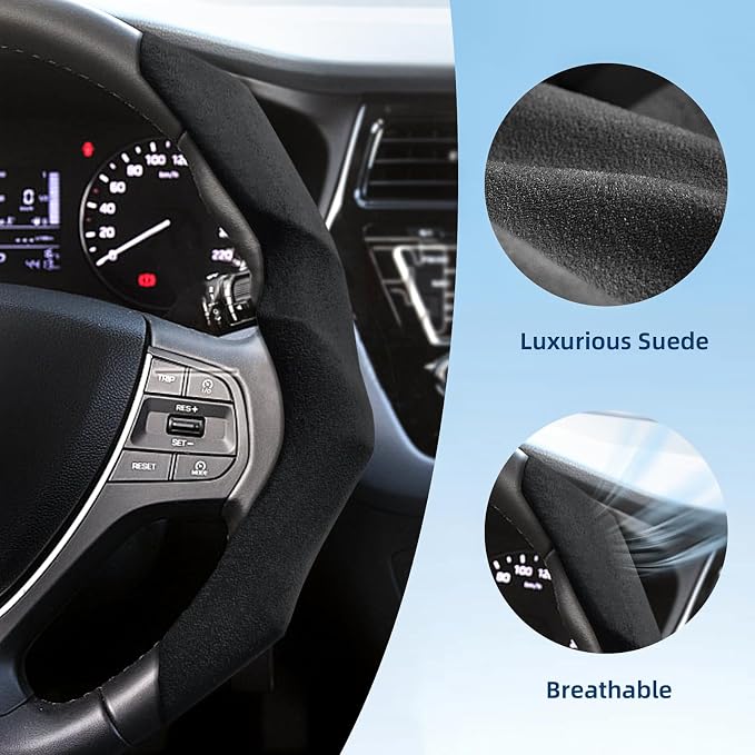 Suede Steering Wheel Cover with Anti-Slip Lining and Segmented Design 2pcs Universal Steering Wheel Protector for Men and Women, Car Interior Accessory (Suede Black)