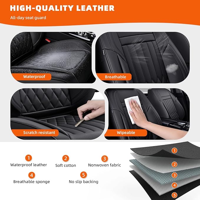 Car Seat Covers Leather Full Set Universal 5-Seater Waterproof Breathable Nappa, Compatible with Honda Civic, Toyota Camry Corolla, Nissan Rogue Sentra, Fit for Front Rear Seats Most Sedans SUV