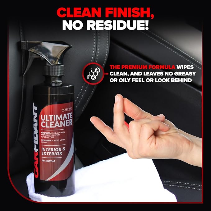 Carfidant Car Interior Cleaner – Stain Remover & Odor Eliminator – No Residue Finish – Safe on Leather, Fabric, Carpet & Plastic – Detailing Spray with Microfiber Towel – 32oz