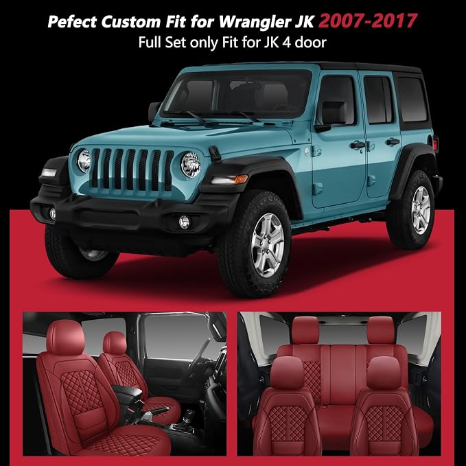 Wrangler Seat Covers 2007-2017,Custom Fit for Jeep Wrangler JK JL 4 Door Unlimited Sahara/Sport/Rubicon X 392 Willys,Waterproof Faux Leather and Lumbar Support (Wine Red, Full Set-5 seats(07-17))