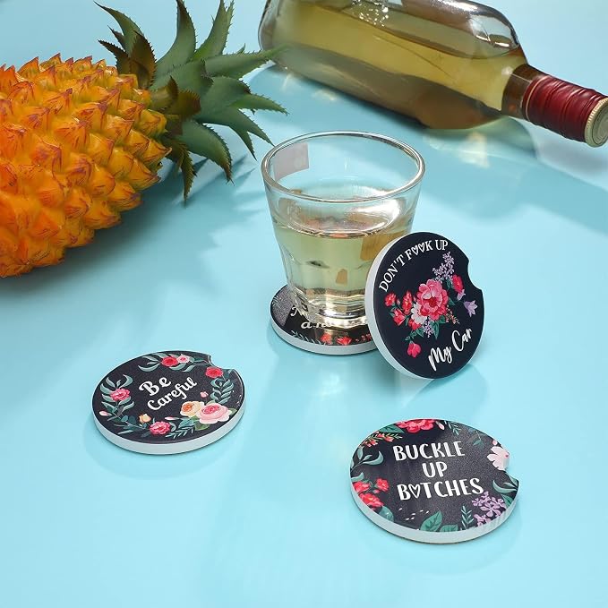Boao 4 Pcs Floral Car Cupholder Coasters for Valentine's Day, Ceramic Coasters 2.56'' Anti Slip Base with Finger Notch for Dry Clean, Car Interior Accessories, Birthday Gifts