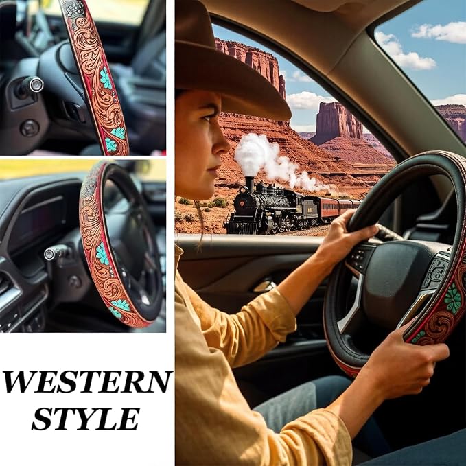 Western Cowboy Steering Wheel Cover - Retro Tooled Leather, Embossed Hand-Painted Design, Universal 15 Inch Anti-Slip Cover for SUV, Truck, Car, Breathable All-Weather, Easy to Install (Style-B)