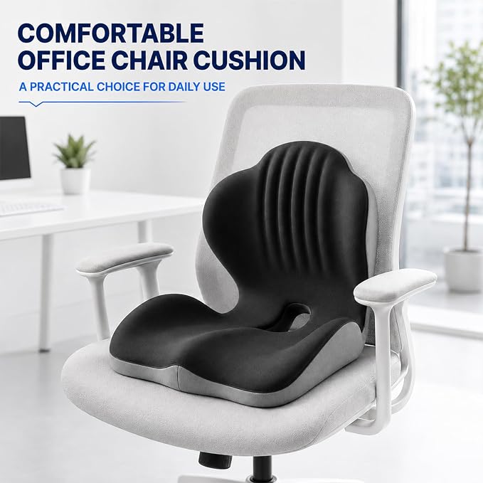 Ergonomic Memory Foam Seat Cushion with Back Support, Office Chair Cushion | L-Shaped Integrated Design with Lumbar Support and Tailbone Cutout for Office, Car, Computer, Dining Chairs (Black & Gray)