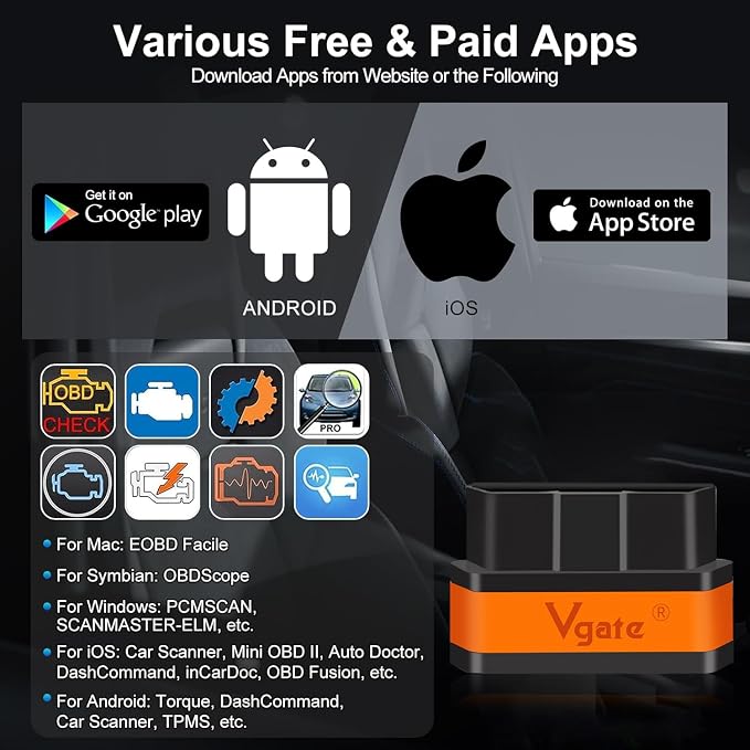 iCar2 BLE 4.0 OBD2 Bluetooth Adapter Auto Scanner Car Diagnostic Tools Engine System Diagnostic Tools for Android/iOS (Black/Orange)