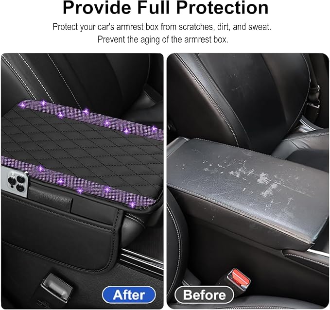 NBTEPEM Bling Car Center Console Cover, Leather Car Arm Rest Cover Cushion with 2 Storage Bags, Universal Auto Armrest Protector Storage Box, Bling Accessories Interior for Most Vehicles (Purple)
