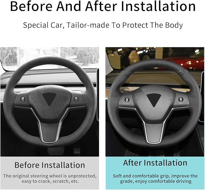 Hand Sewn Steering Wheel Cover,Fit for Tesla Model 3 2017-2023/Model Y 2020-2023,Non-Slip Breathable Microfiber Leather Steering Wheel Cover On Wrap Car Interior Accessories