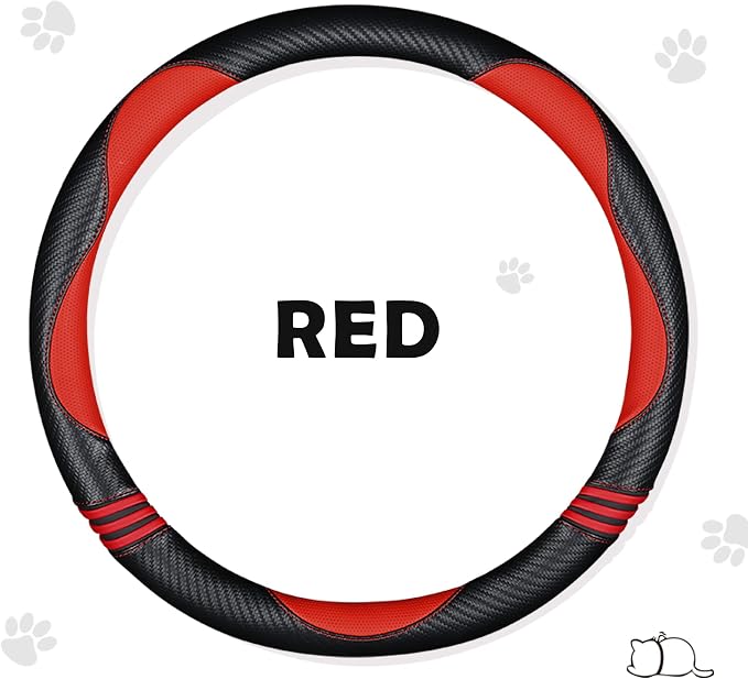 HighnessHwoo Car Steering Wheel Covers for Women Padded Carbon Fiber PU Leather Cute Auto Interior Accessories for Vehicle, Sedan, Universal, Anti Slip, Red, Standard Size, 14.75-15.15in