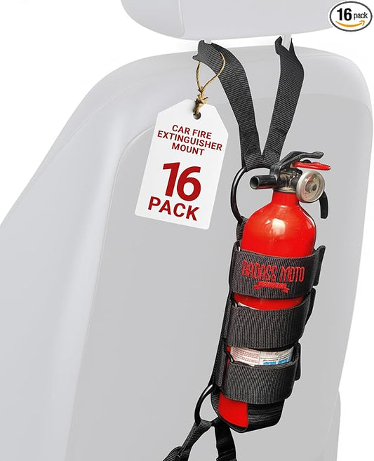 Badass Moto Car Fire Extinguisher Mount - Automotive Fire Extinguisher Mount for Vehicle Car Seat Headrest - Tool Free Seat Back Strap Install. Safety Kit Accessories for Jeep, Truck & SUV - 16 Pack