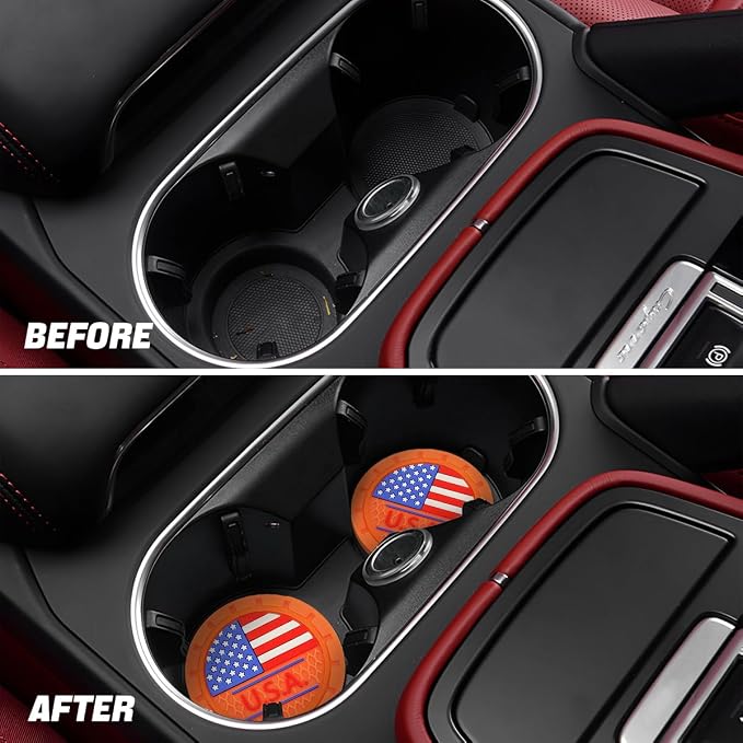 AUCELI 2 Pack Car Cup Holder Coasters, Colored American Flag US Flag Insert Car Cup Coaster, 2.75 Inch Anti Slip Shockproof Embedded Drink Mat, Vehicle Interior Decor Accessories