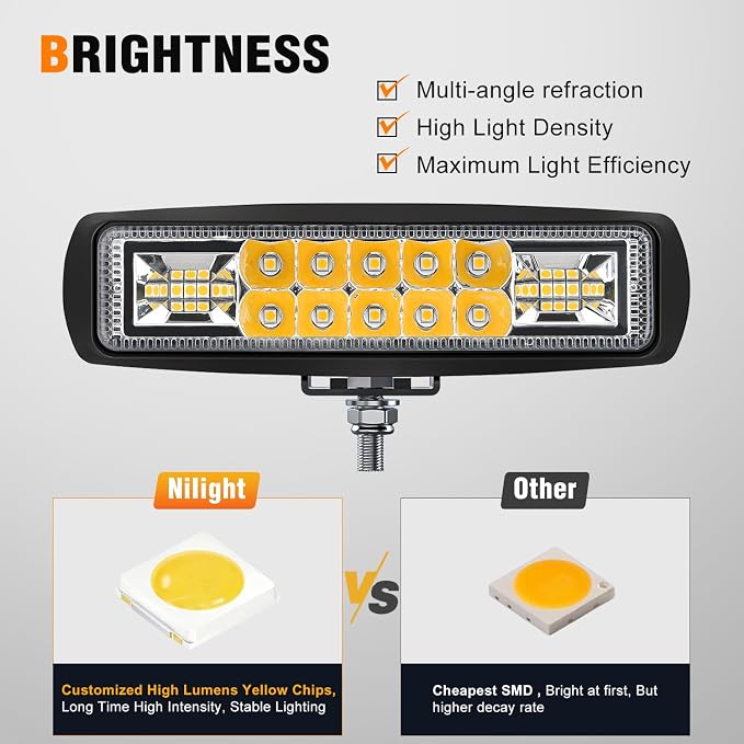Nilight 6 Inch Yellow LED Light Pods 2 PCS 60 W | Flood Spot Combo Beam Off Road Work Driving Fog Lighting for 12V 24V ATV UTV Pickup Truck Tractor Boat