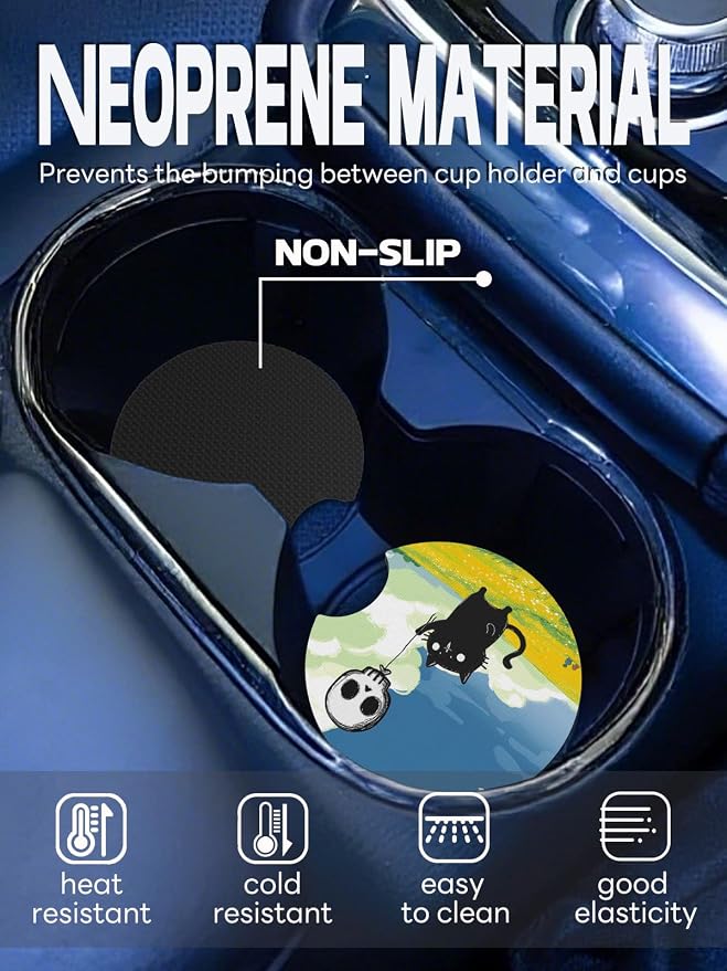 WOCOCN Car Coasters,Cup Holder Coasters for Car,2.75inch Anti Slip and Absorbent,Cute Automotive Interior Accessories for Cup Holder,Pack of 2 (Black Cat and Skull Balloon)