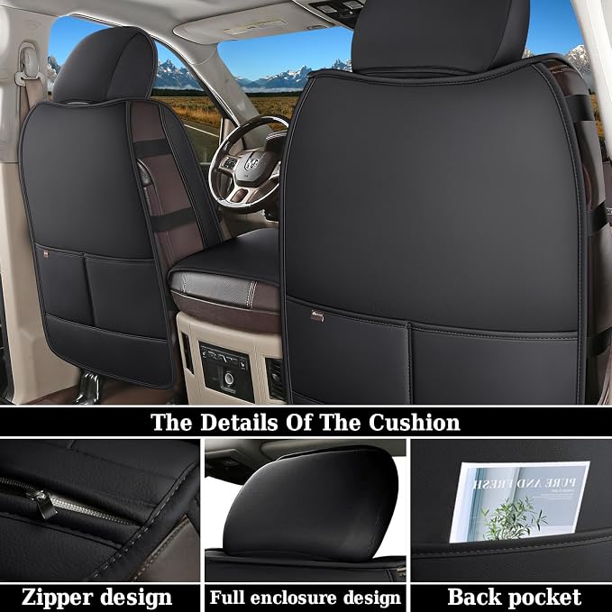 Coverado Leather Car Seat Covers, Waterproof Dooge Ram 1500 Seat Covers Compatible with 2002-2026 Dodge Ram 1500 2500 3500 with Flat Bench (Full Set, Black&Red line)
