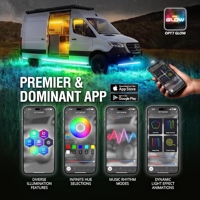 OPT7 Aura DreamColor Underglow Chasing Lights for RV with APP & Remote | Waterproof Aluminum Frame, RGB-IC LED Light Bar, Exterior RV Accent Lighting, Outdoor Camper Decor, Music Sync