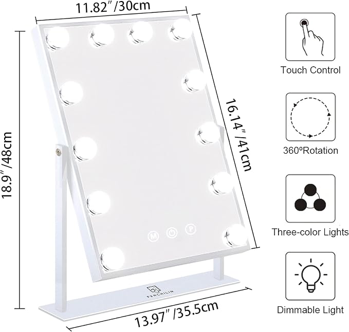 FENCHILIN Vanity Mirror with Lights, 19''x12'' Makeup Hollywood Mirror for Desk with 12 Bulbs Light Smart Touch Control 3 Colors Dimmable Detachable 10X Magnification Tabletop 360°Rotation