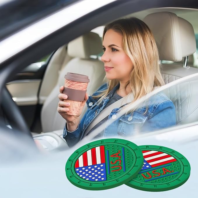 AUCELI 2 Pack Car Cup Holder Coasters, Colored American Flag US Flag Insert Car Cup Coaster, 2.75 Inch Anti Slip Shockproof Embedded Drink Mat, Vehicle Interior Decor Accessories