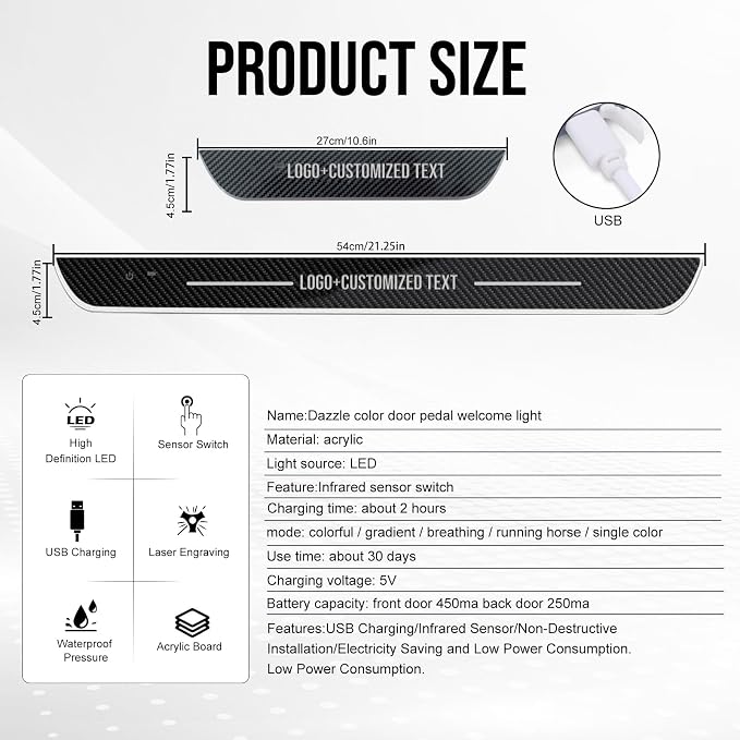 Custom Text Car Door Sill Lights with Auto Sensor, Personalized Logo Car Welcome Lights, USB Rechargeable, 7 Colors Magnetic Attachment Wireless Pedal Lamps, Gift Ideas for Men Women