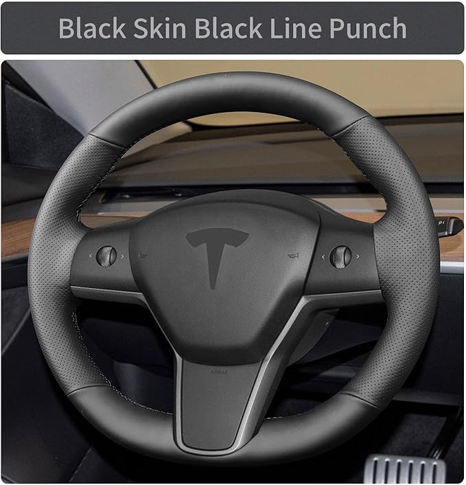 Hand Sewn Steering Wheel Cover,Fit for Tesla Model 3 2017-2023/Model Y 2020-2023,Non-Slip Breathable Microfiber Leather Steering Wheel Cover On Wrap Car Interior Accessories