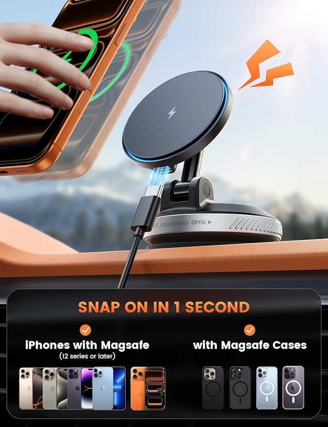 Lamicall 15W for MagSafe Car Mount Charger - [70 LBS Strongest Suction] Magnetic Wireless Car Charger, Suction Cup Phone Mount, Vacuum Magnetic Phone Holder Car Mount for iPhone 17 Pro Max 16 Silver