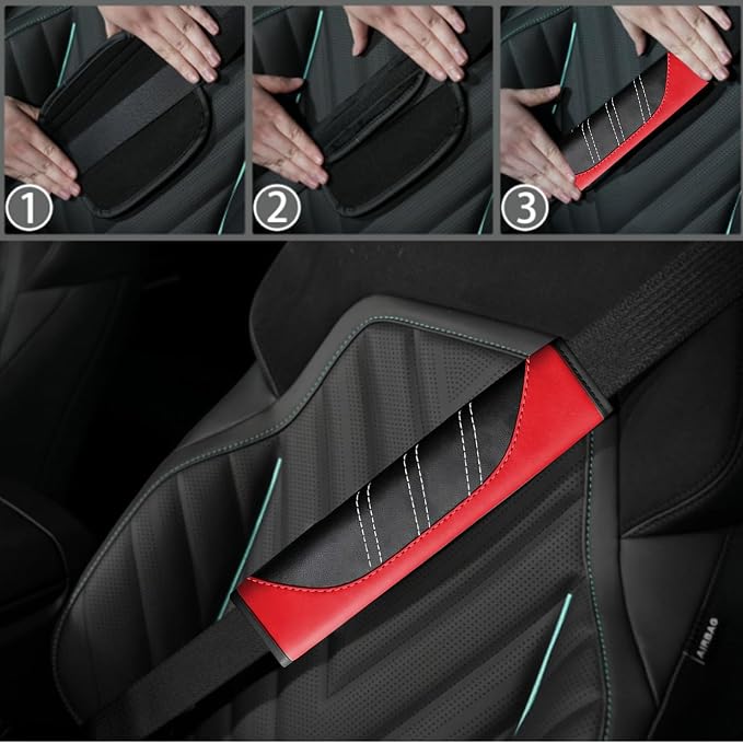 NBTEPEM 10 Pcs Car Floor Mats Full Set & Sport Leather Steering Wheel Cover 14.5-15 inch, Center Console Cover, Seat Belt Cushion, Cup Holder Coaster, Universal Automobile Interior Sets (Red)