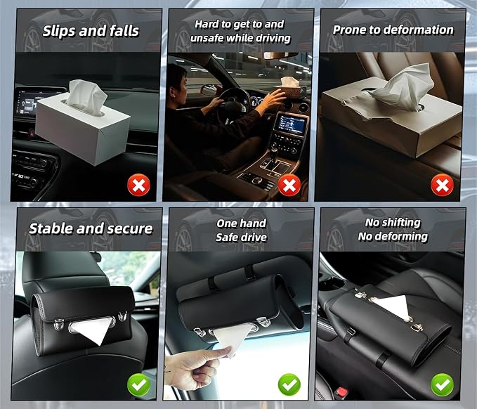 Car Tissue Holder, PU Leather Large Back Seat Tissue Box with Adjustable Straps, Trendy Rectangle Napkin Holder for Car, can Holding on Headrest/Sun Visor/Console