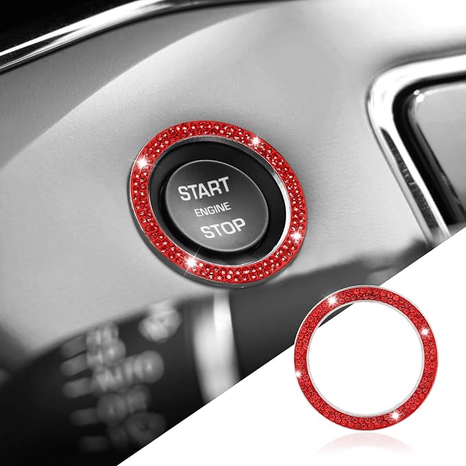 Bling Car Crystal Rhinestone Ring Emblem Sticker, Push to Start Button Cover/Sticker, Key Ignition Starter & Knob Ring, Interior Decoration Accessories for Women